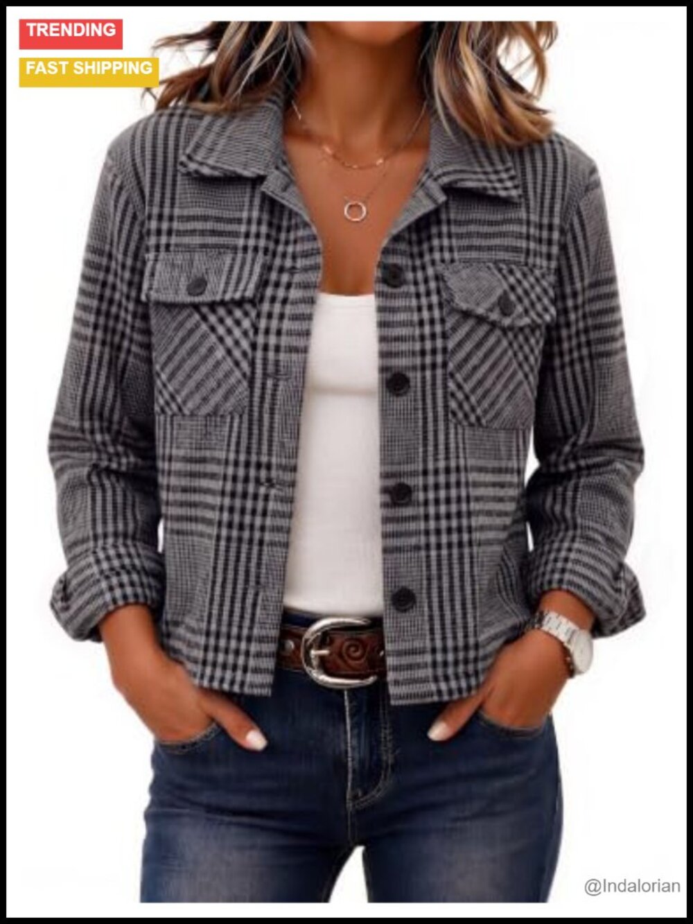 Cropped Plaid Flannel Shacket Button Down Jacket Casual Fall Coat